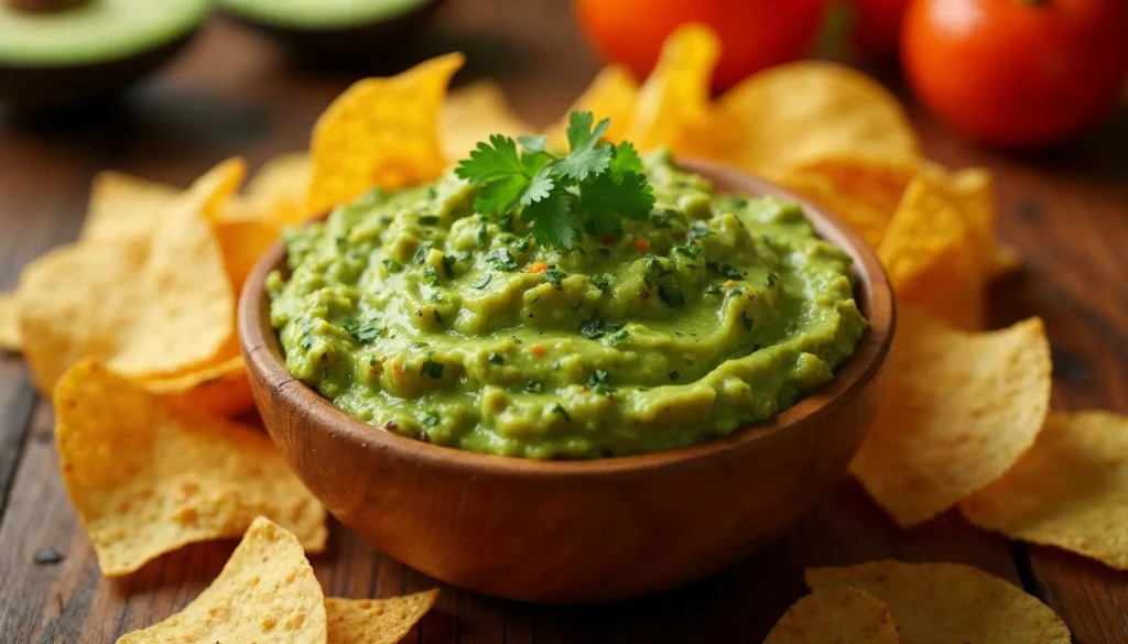 Fresh 4-ingredient guacamole served with tortilla chips in a bowl.