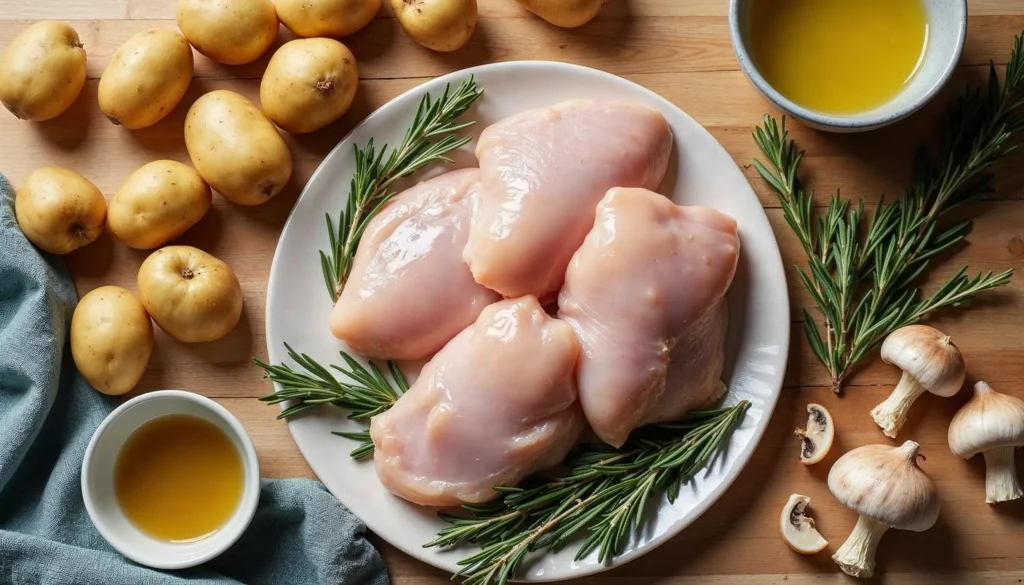 Ingredients for chicken mushroom potatoes rosemary crock pot recipe laid out on a wooden surface.