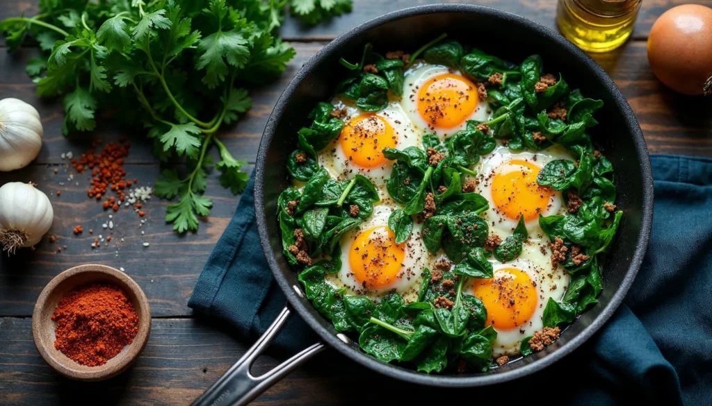 Fresh ingredients for green shakshuka: spinach, parsley, cilantro, eggs, garlic, onions, olive oil, and spices displayed on a wooden surface.