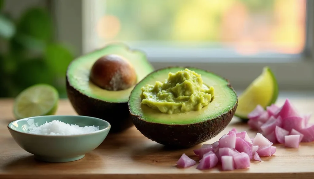 Ingredients for making 4-ingredient guacamole: avocados, lime, red onion, and salt.