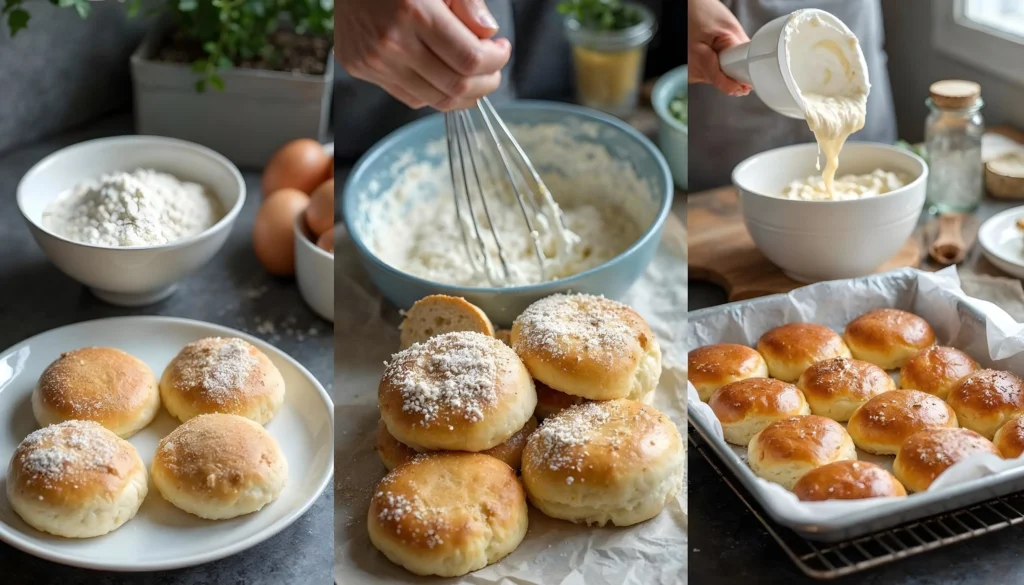 Step-by-step process of making egg white burger buns, featuring whipped egg whites, batter shaping, and buns baking in the oven.