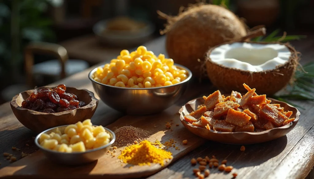 A collection of ingredients for making payasam with macaroni, including macaroni, jaggery, coconut milk, and spices.