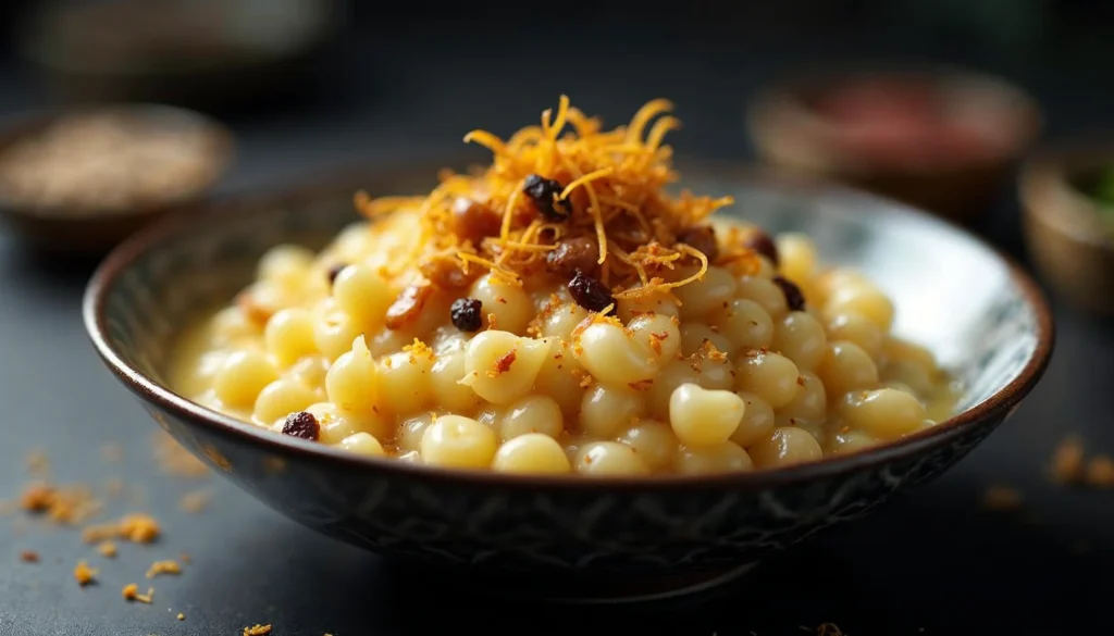 A creamy bowl of payasam with macaroni, garnished with cashews, raisins, and saffron.