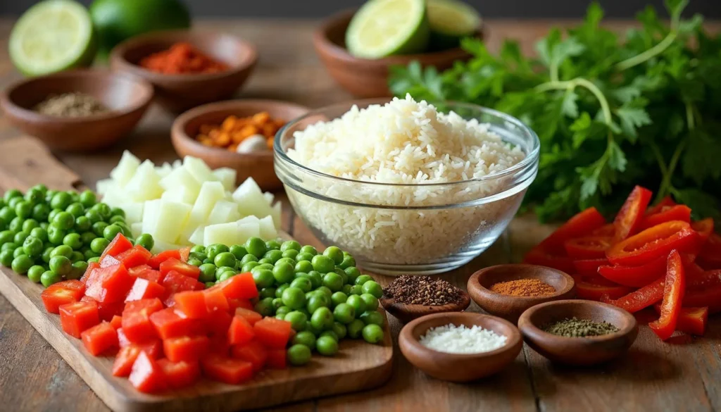 Ingredients for sassy rice: rice, bell peppers, onions, peas, spices, and lime on a wooden surface.