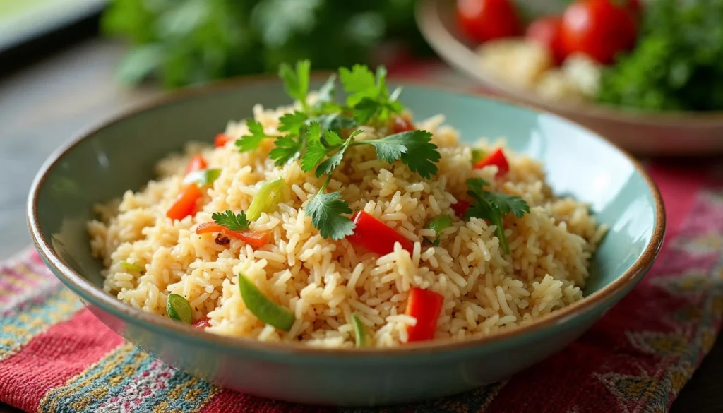 A bowl of sassy rice with colorful bell peppers, herbs, and a lime wedge, perfect as a side dish.