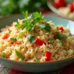 A bowl of sassy rice with colorful bell peppers, herbs, and a lime wedge, perfect as a side dish.