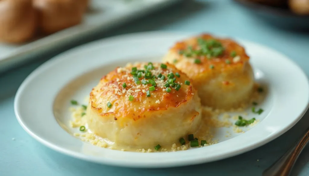 A delicious serving of Starbucks Potato Chive Bake, topped with melted cheese and fresh chives, on a white platter.