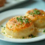 A delicious serving of Starbucks Potato Chive Bake, topped with melted cheese and fresh chives, on a white platter.