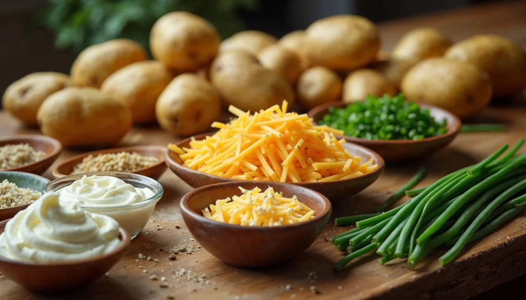 Ingredients for Starbucks Potato Chive Bake including potatoes, sour cream, cheeses, chives, and seasonings on a wooden table.