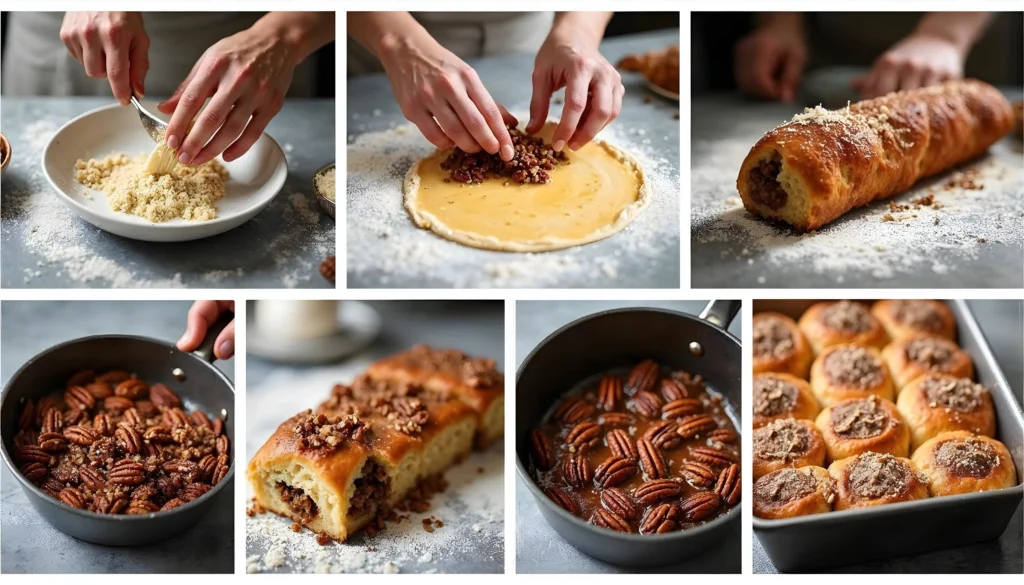 Collage of steps to make pecan rolls: mixing dough, spreading pecan filling, rolling and slicing dough, placing rolls in a baking dish, and the final baked rolls fresh out of the oven.