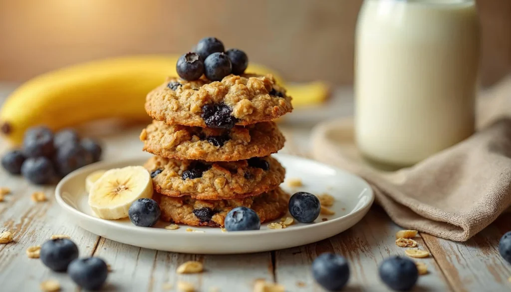 Golden-brown banana blueberry oatmeal breakfast cookies with fresh fruit, served on a white platter for breakfast.