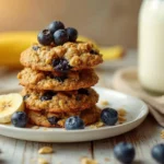 Golden-brown banana blueberry oatmeal breakfast cookies with fresh fruit, served on a white platter for breakfast.