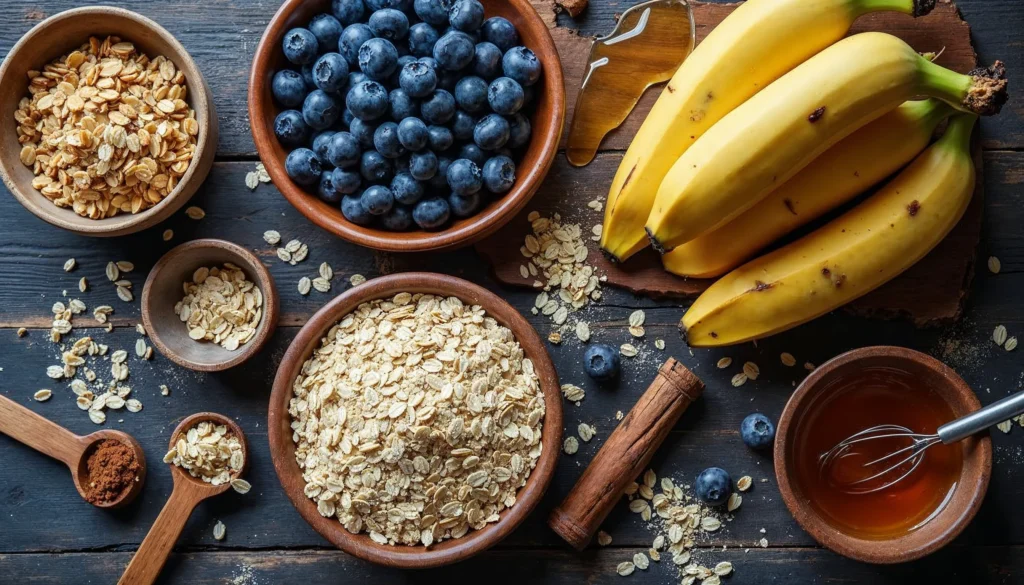 Ingredients for banana blueberry oatmeal breakfast cookies, including oats, bananas, blueberries, and cinnamon, displayed on a wooden surface.