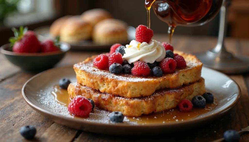 Biscuit French toast topped with maple syrup, fresh berries, whipped cream, and powdered sugar on a rustic table.