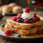 Biscuit French toast topped with maple syrup, fresh berries, whipped cream, and powdered sugar on a rustic table.