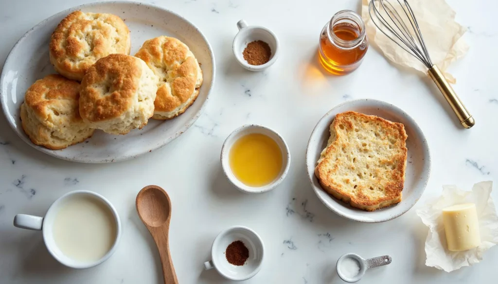 Flat lay of all ingredients for biscuit French toast: biscuits, eggs, milk, cinnamon, vanilla, sugar, and butter.