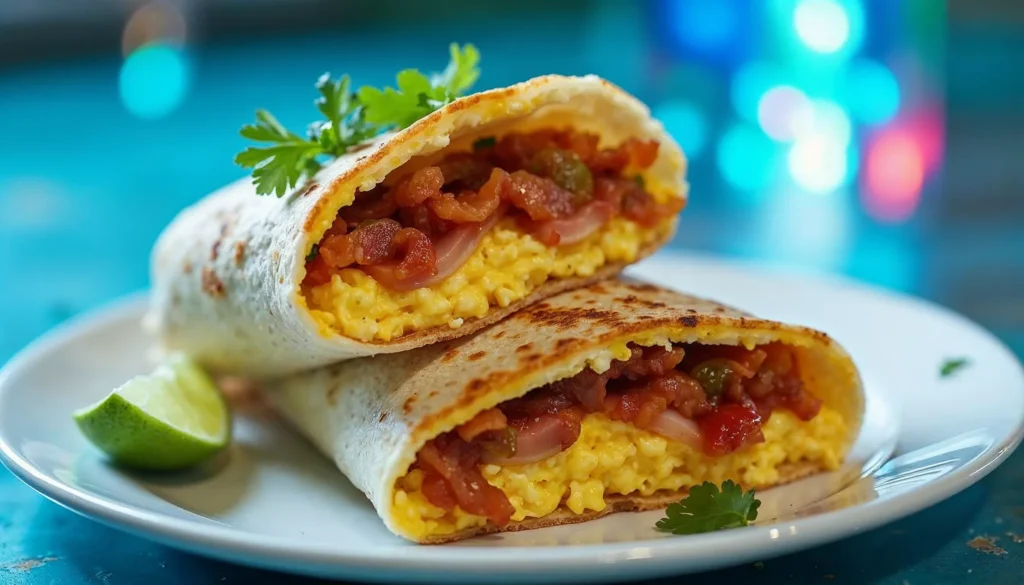 A breakfast crunchwrap on a plate, filled with eggs, bacon, cheese, and salsa, garnished with cilantro.