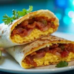 A breakfast crunchwrap on a plate, filled with eggs, bacon, cheese, and salsa, garnished with cilantro.