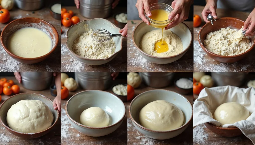 Collage showing the step-by-step preparation of Caputo pizza dough: activating yeast, mixing ingredients, kneading dough, rising, dividing, and shaping dough balls on a rustic wooden countertop.