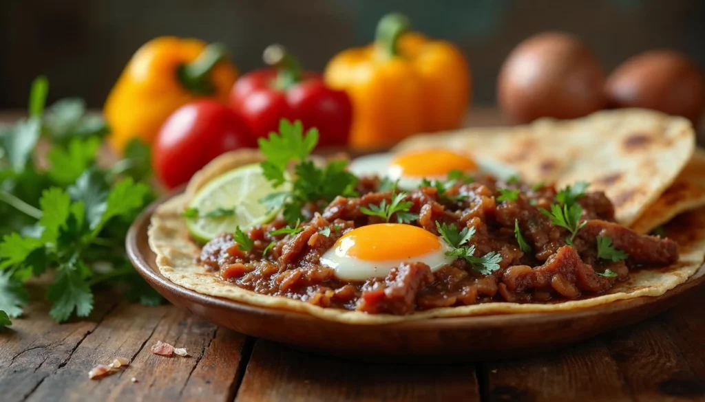 A plate of carnitas breakfast with eggs, garnished with cilantro and lime, served with tortillas.