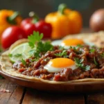 A plate of carnitas breakfast with eggs, garnished with cilantro and lime, served with tortillas.