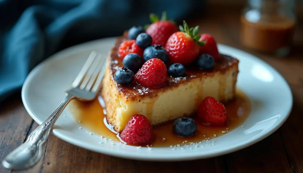 Golden cheesecake French toast slices garnished with powdered sugar, fresh mint, and berries on a white platter.