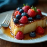 Golden cheesecake French toast slices garnished with powdered sugar, fresh mint, and berries on a white platter.