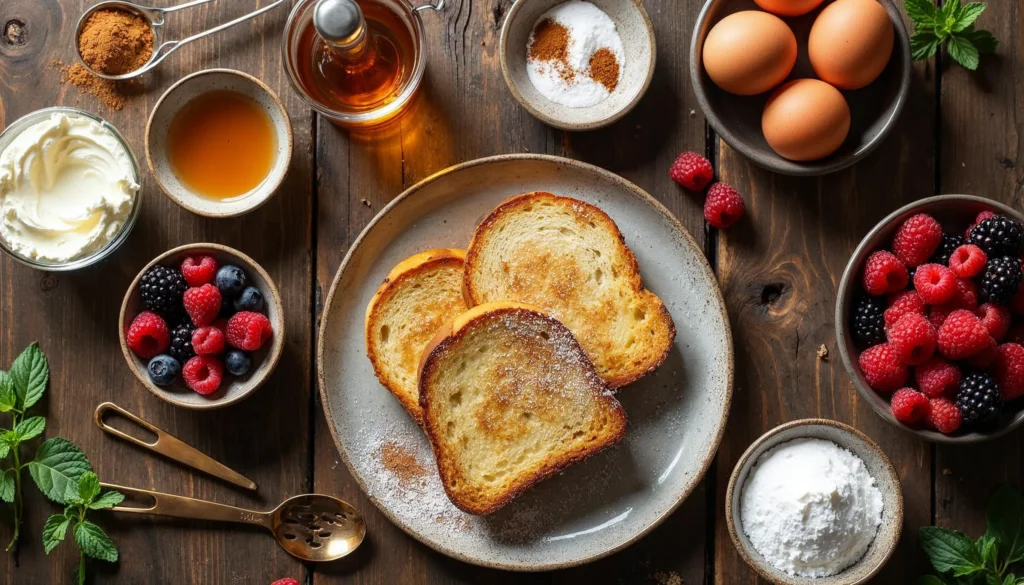 Ingredients for cheesecake French toast, including bread, cream cheese, eggs, vanilla, powdered sugar, cinnamon, and fresh berries.