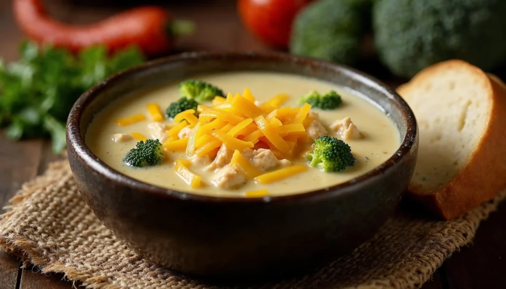 A bowl of creamy Chicken Broccoli Cheddar Soup with broccoli and chicken, garnished with shredded cheddar cheese and served with bread.