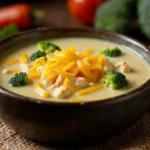 A bowl of creamy Chicken Broccoli Cheddar Soup with broccoli and chicken, garnished with shredded cheddar cheese and served with bread.