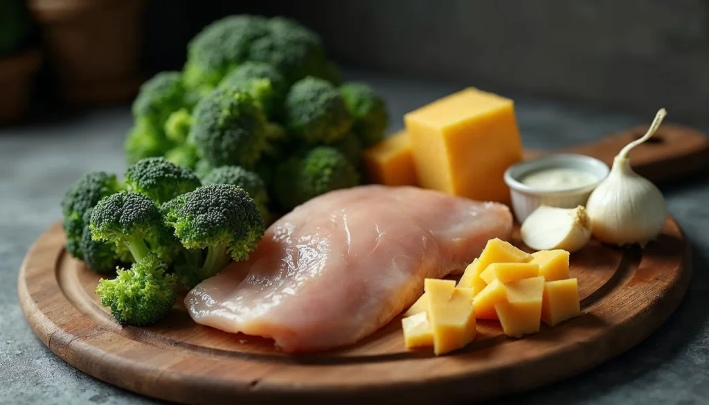 A selection of fresh ingredients for Chicken Broccoli Cheddar Soup including broccoli, chicken, cheddar cheese, garlic, and onion.