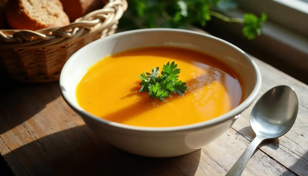 A bowl of chicken butternut squash soup garnished with parsley, served with crusty bread on a rustic table.