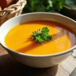 A bowl of chicken butternut squash soup garnished with parsley, served with crusty bread on a rustic table.