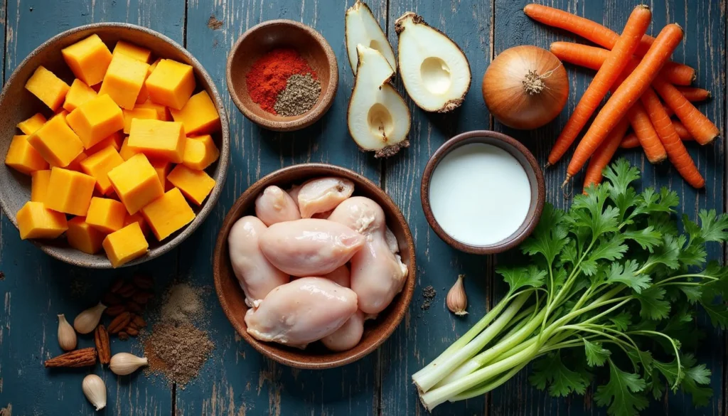 Ingredients for chicken butternut squash soup, including squash, chicken, vegetables, spices, and coconut milk on a wooden table.