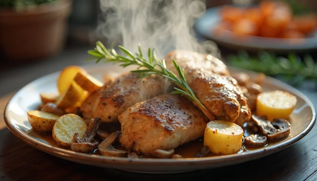 A rustic plate of chicken mushroom potatoes rosemary crock pot recipe served in a cozy kitchen setting.