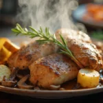 A rustic plate of chicken mushroom potatoes rosemary crock pot recipe served in a cozy kitchen setting.