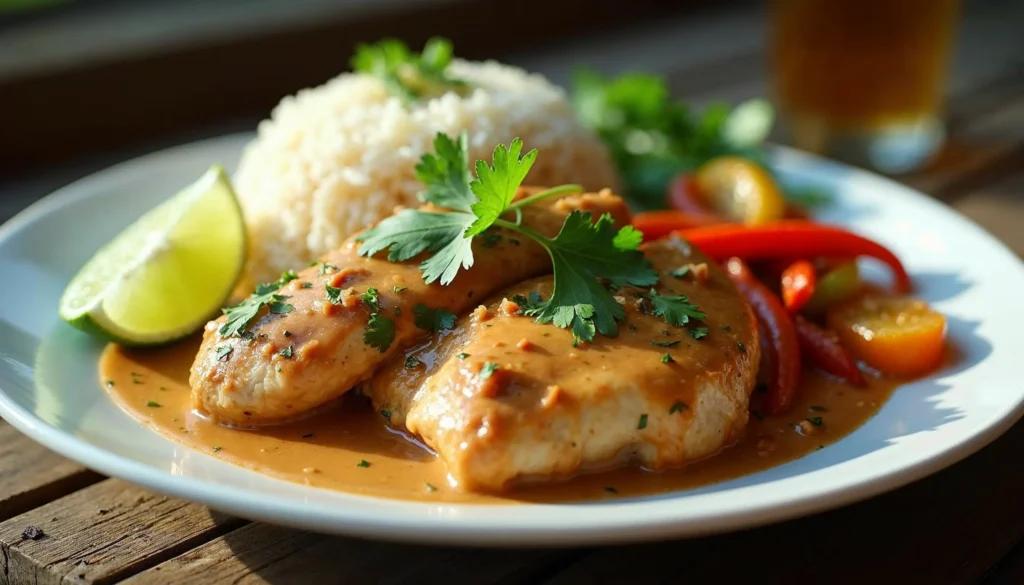 Final dish of chicken with peanut butter sauce garnished with cilantro, served with rice and vegetables on a white platter.