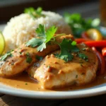 Final dish of chicken with peanut butter sauce garnished with cilantro, served with rice and vegetables on a white platter.