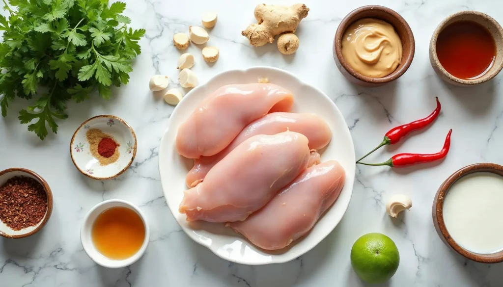 Ingredients for chicken with peanut butter recipe displayed on a marble surface, including chicken, peanut butter, and seasonings.