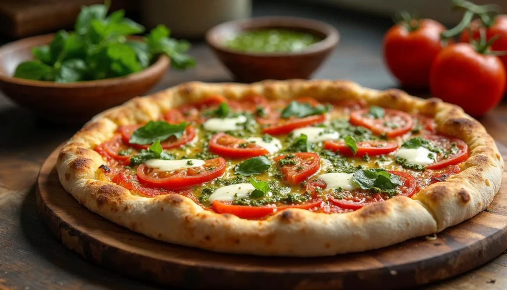 Freshly baked chimichurri tomato pizza with a crispy crust, vibrant chimichurri sauce, roasted tomatoes, and melted mozzarella cheese.