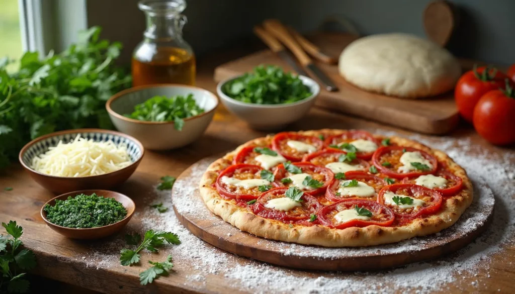 Ingredients for chimichurri tomato pizza, including parsley, cilantro, garlic, olive oil, tomatoes, mozzarella cheese, and pizza dough on a floured countertop.