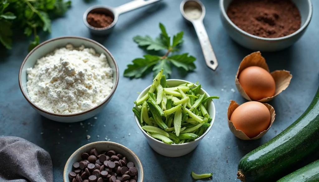 Ingredients for courgette and chocolate muffins, including grated courgette, flour, cocoa powder, chocolate chips, and eggs.