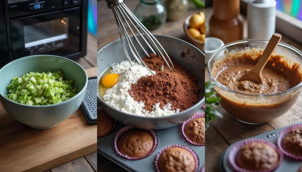 Mixing wet and dry ingredients together to prepare courgette and chocolate muffin batter.