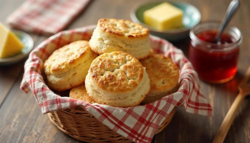 Golden Crisco biscuits in a basket with butter and jam on a wooden table under soft natural light.