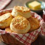 Golden Crisco biscuits in a basket with butter and jam on a wooden table under soft natural light.