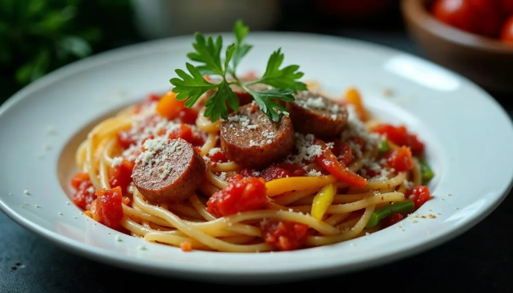 A plate of Dominican spaghetti with sausage, bell peppers, and tomato sauce, garnished with fresh herbs and parmesan cheese.