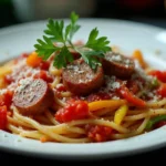 A plate of Dominican spaghetti with sausage, bell peppers, and tomato sauce, garnished with fresh herbs and parmesan cheese.