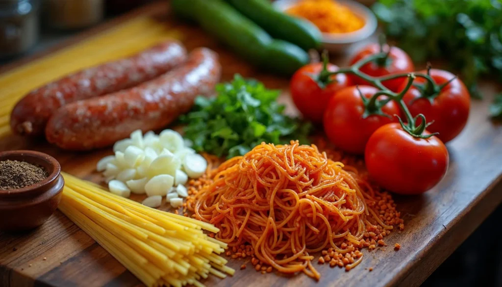 The ingredients for Dominican spaghetti: sausage, pasta, tomatoes, bell peppers, garlic, and seasonings.