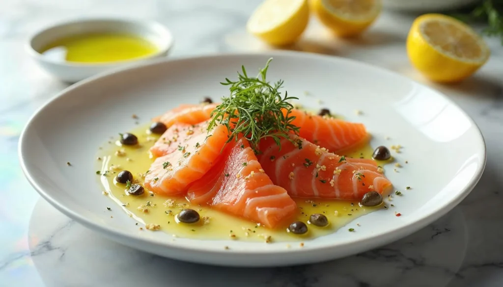 Salmon crudo final dish with garnished salmon slices, olive oil drizzle, and microgreens on a white plate.