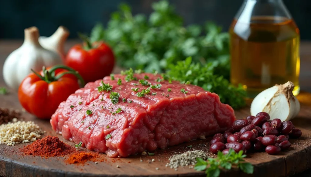 A flat-lay of elk chili ingredients including elk ground meat, diced tomatoes, onions, garlic, spices, and fresh herbs on a wooden counter.